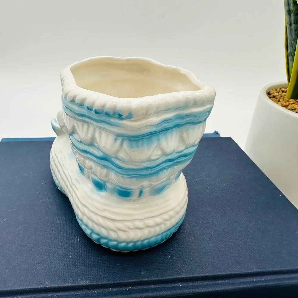 Rubens Japan Vintage Ceramic Baby Bootie Planter Blue White Floral 300